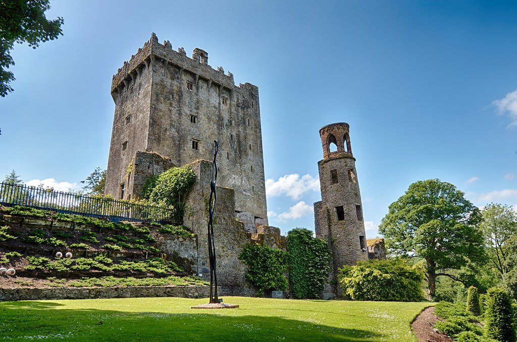 castle and tower behind green grass 